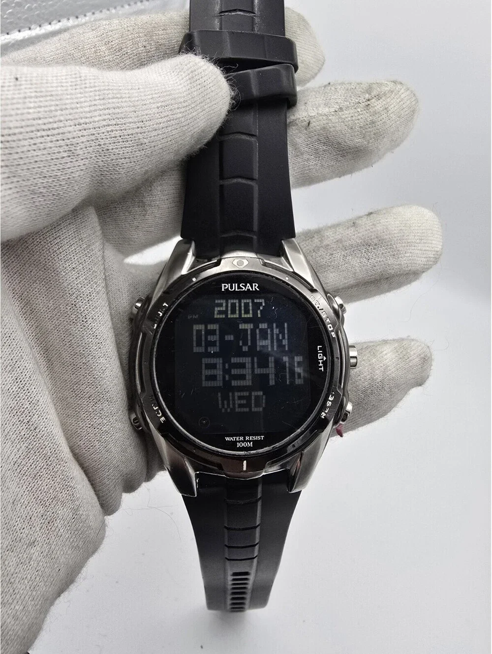 Pulsar Tech Gear Quartz Digital Watch SS Case Black Rubber Strap Alarm 100m